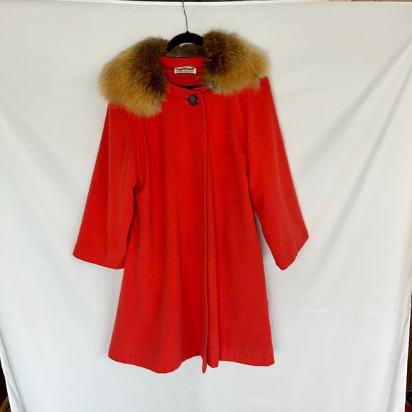 Vintage Red italian 60s swing wool coat with real fur collar S/M - Picture 2 of 9